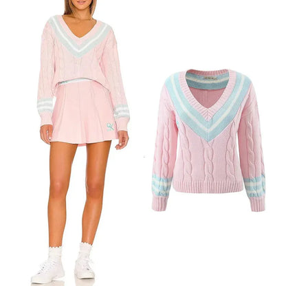 Mabrielle | Tennis-Pullover mit Zopfmuster und Faltenrock-Set