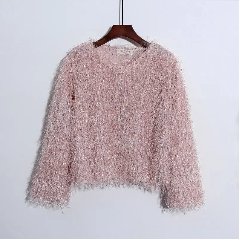 Fuzzy-Quasten-Glitzer-Strickbluse für Damen | Dariane