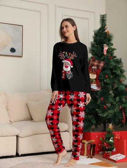 2024 Cartoon Elch Print Weihnachten Familie passende Pyjamas Set | Remino