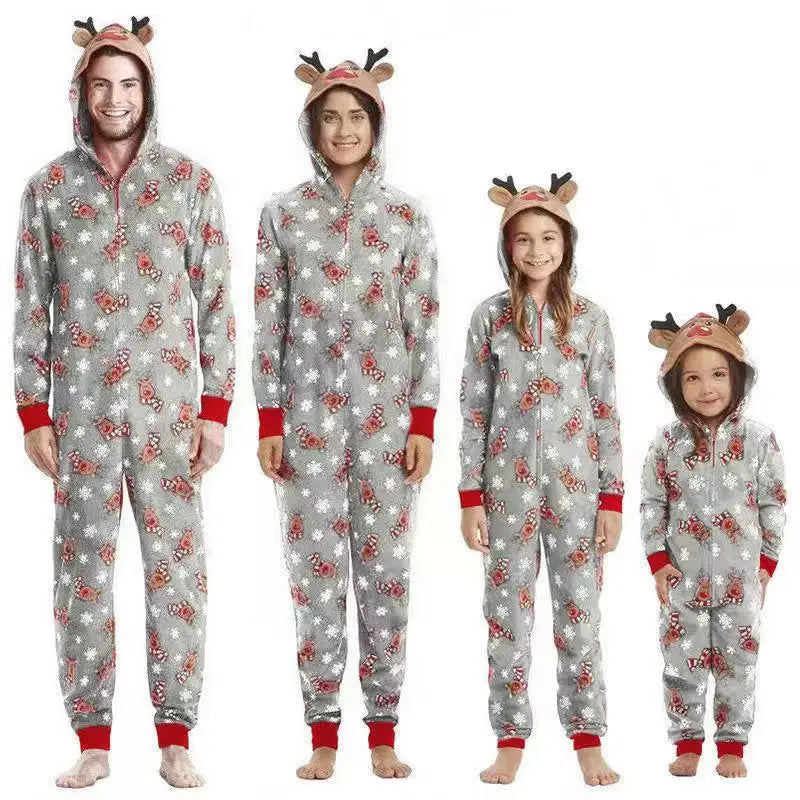 Einteiliger Overall mit Elchohr-Kapuze und passendem Weihnachts-Pyjama-Set für die ganze Familie | Elkin