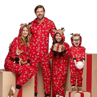 Einteiliger Overall mit Elchohr-Kapuze und passendem Weihnachts-Pyjama-Set für die ganze Familie | Elkin