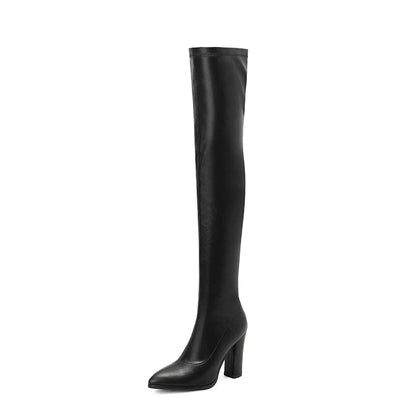 Oberschenkelhohe, elastische Damen-Stiefel aus Leder mit hohen Absätzen | Grenida