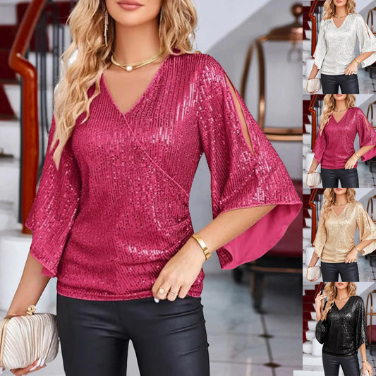 Bluse mit ausgestellten Ärmeln und Pailletten und V-Ausschnitt für Damen | Mereva