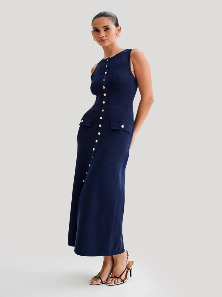 Elegantes Damen-Kleid aus Strick, ärmellos, lang, mit Knopfleiste und Rundhalsausschnitt - Elisabeth