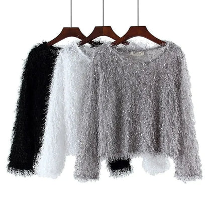 Fuzzy-Quasten-Glitzer-Strickbluse für Damen | Dariane