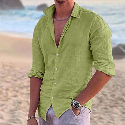 Herrenhemd aus Baumwolle und Leinen – Langarm, Casual, Polo-Kragen – Hawaii-Stil - Travi