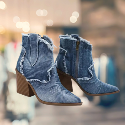 Denim-Stiefeletten mit klobigem Absatz | Vridget