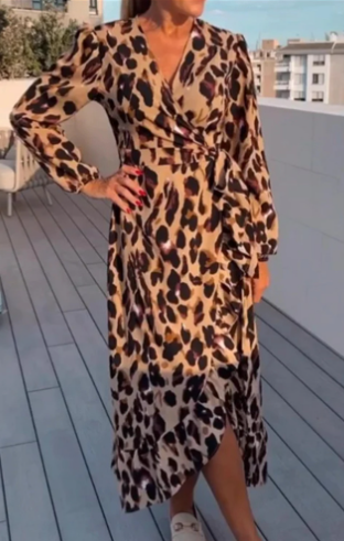 Zoela | Stilvolles Maxikleid mit V-Ausschnitt und Animal-Print