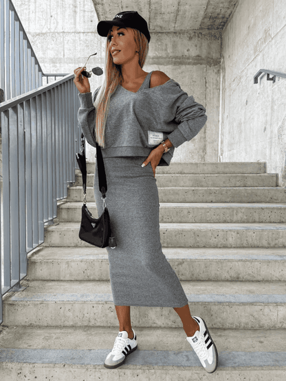 Zweiteiliges Set aus langärmeligem Crop-Top und ärmellosem Kleid | Leronna